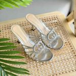 Gucci Silver Metallic Leather Crystal Interlocking G Slide Sandal