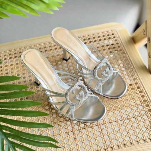 Gucci Silver Metallic Leather Crystal Interlocking G Slide Sandal