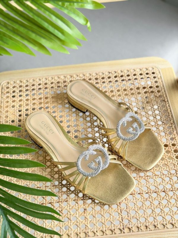 Gucci Gold Metallic Leather Crystal Interlocking G Slide