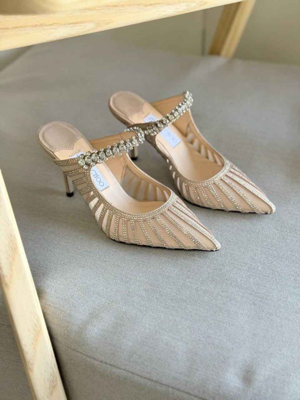 Jimmy Choo Bing 100 Beige Mesh & Velvet Mules
