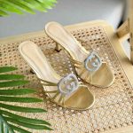 Gucci Gold Metallic Leather Crystal Interlocking G Slide Sandal