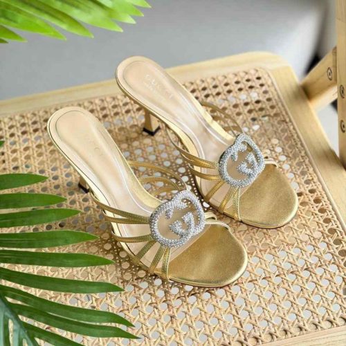 Gucci Gold Metallic Leather Crystal Interlocking G Slide Sandal