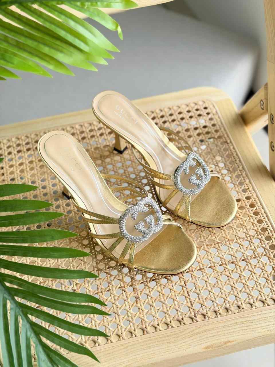 Gucci Gold Metallic Leather Crystal Interlocking G Slide Sandal Gucci Gold Metallic Leather Crystal Interlocking G Slide Sandal
