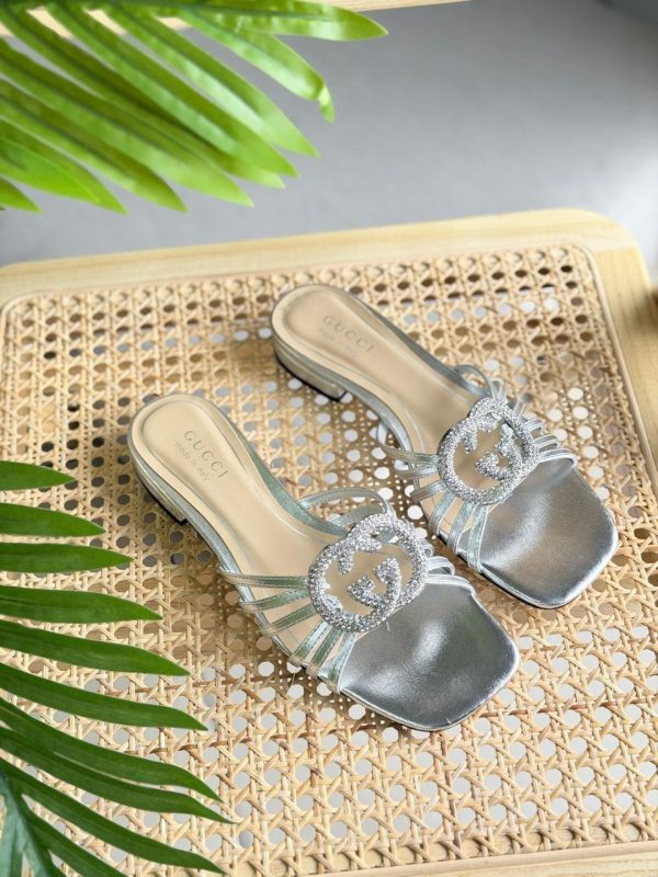 Gucci Silver Metallic Leather Crystal Interlocking G Slide