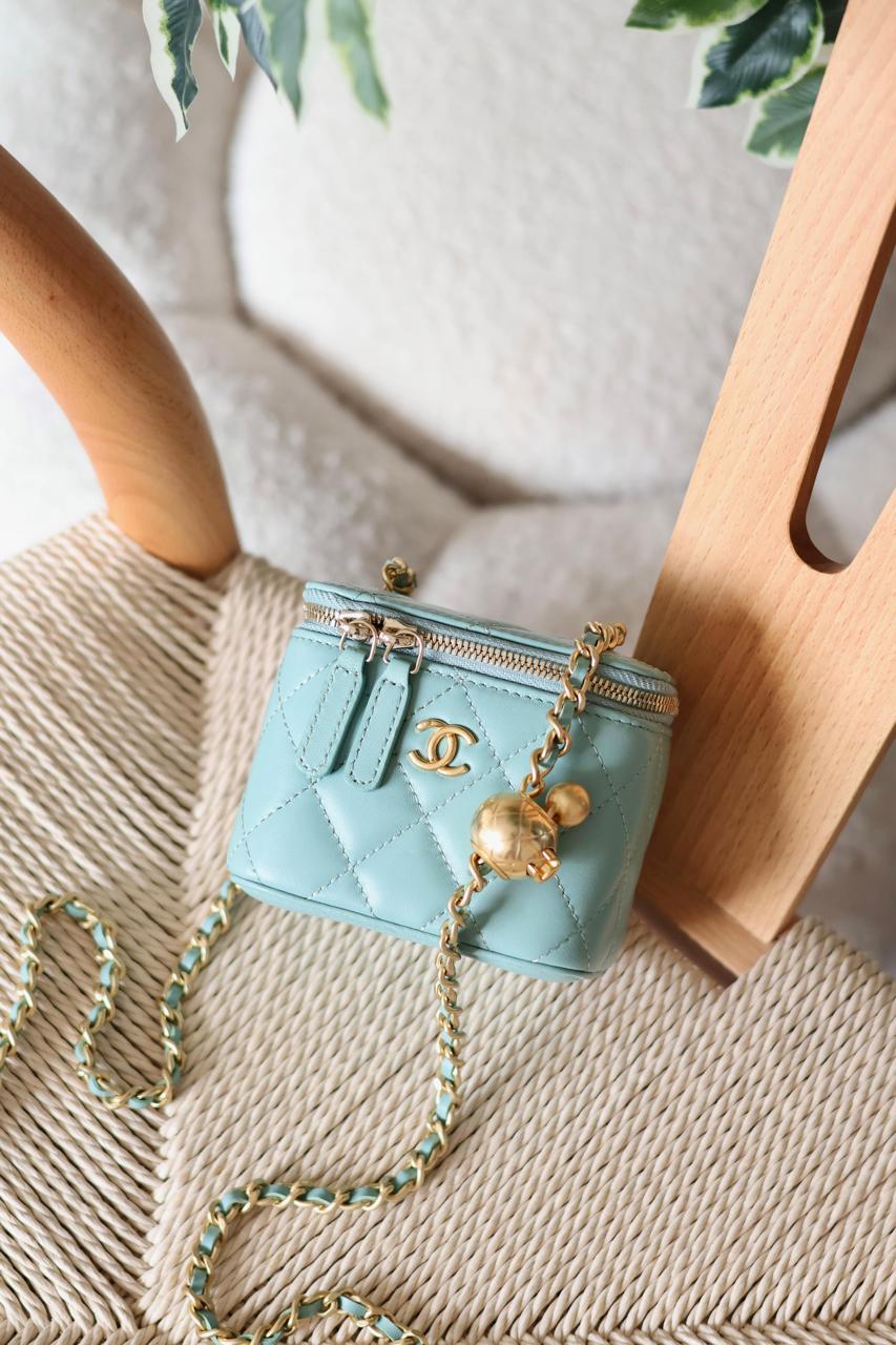 Chanel Light Blue Lambskin Quilted Mini Pearl Crush Vanity Case With Chain In Dubai Chanel Light Blue Lambskin Quilted Mini Pearl Crush Vanity Case With Chain In Dubai