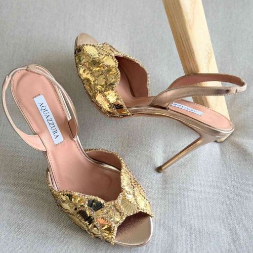Aquazzura Ce Soir 105MM Sequined Leather Sandal In Gold
