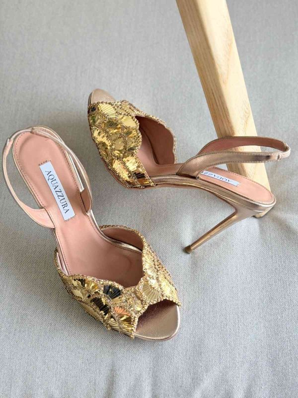 Aquazzura Ce Soir 105MM Sequined Leather Sandal In Gold