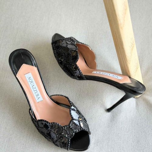 Aquazzura Ce Soir 75MM Metallic Leather Mule In Black