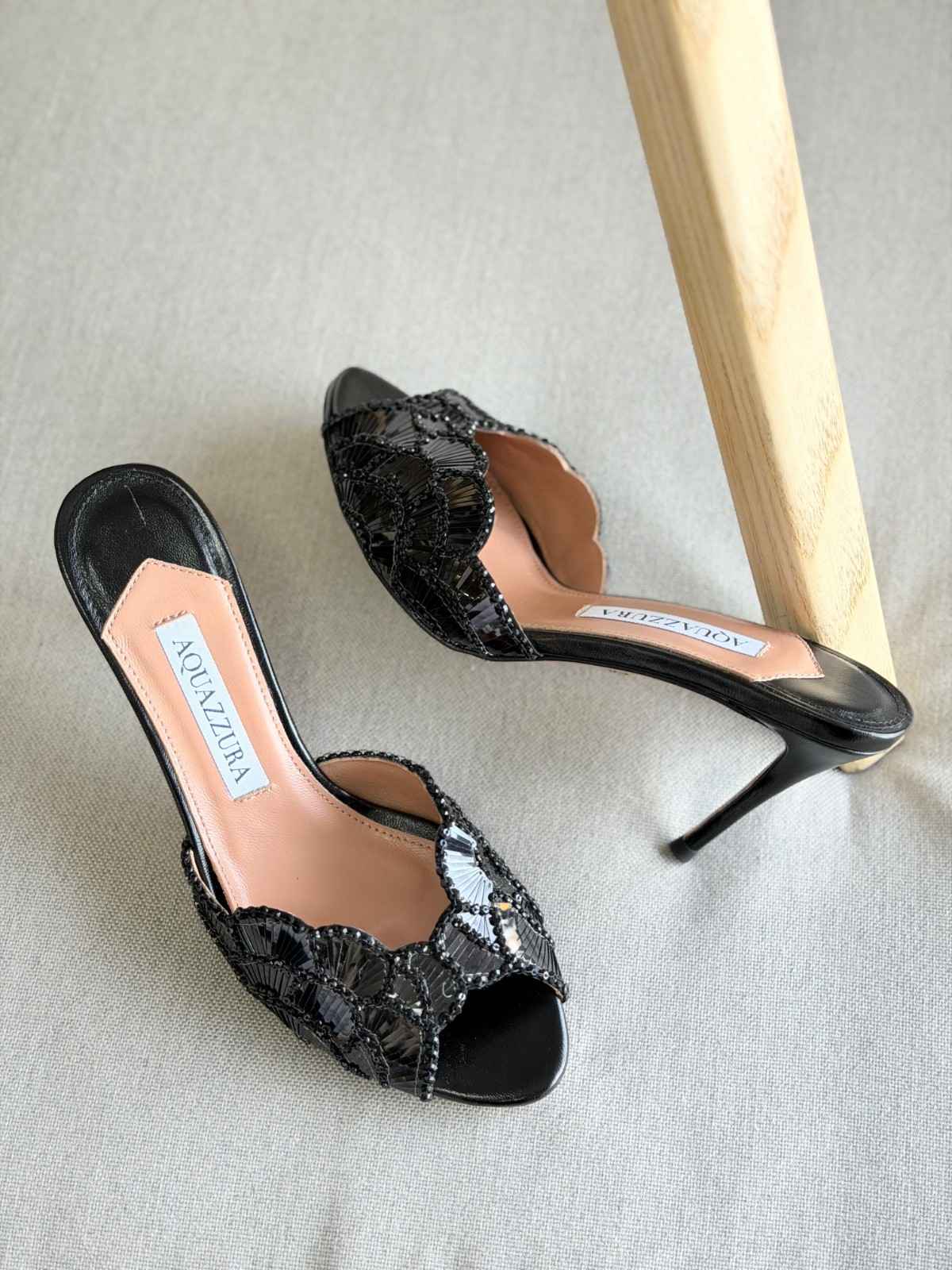 Aquazzura Ce Soir 75MM Metallic Leather Mule In Black Aquazzura Ce Soir 75MM Metallic Leather Mule In Black