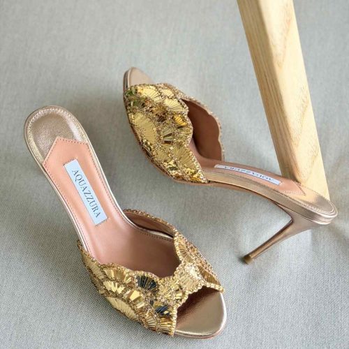 Aquazzura Ce Soir 75MM Metallic Leather Mule In Gold