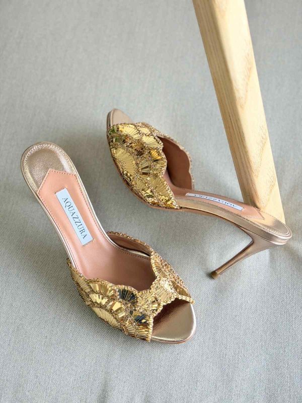 Aquazzura Ce Soir 75MM Metallic Leather Mule In Gold