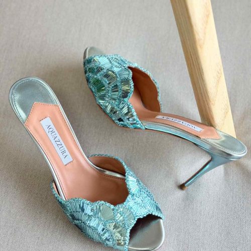 Aquazzura Ce Soir 75MM Metallic Leather Mule In Light Teal