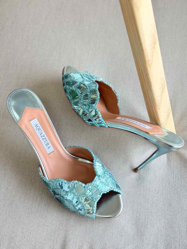 Aquazzura Ce Soir 75MM Metallic Leather Mule In Light Teal