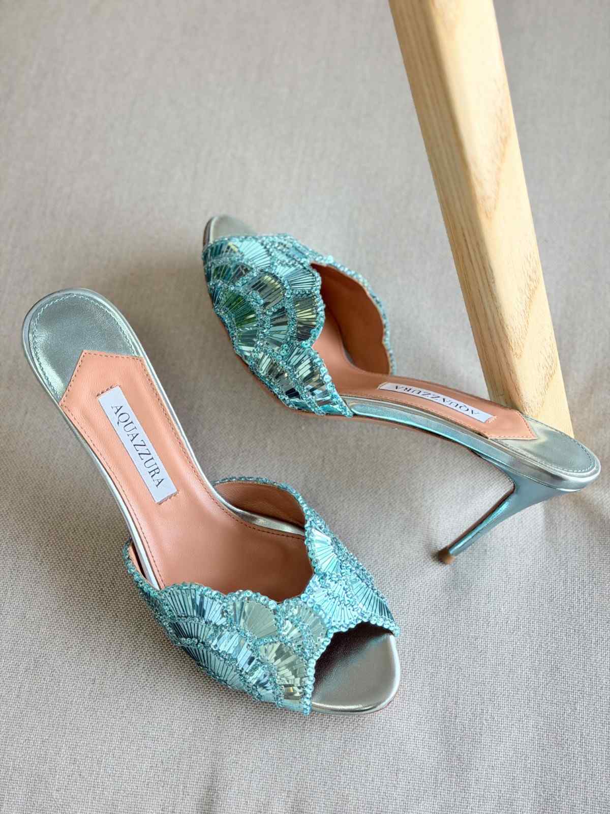 Aquazzura Ce Soir 75MM Metallic Leather Mule In Light Teal Aquazzura Ce Soir 75MM Metallic Leather Mule In Light Teal