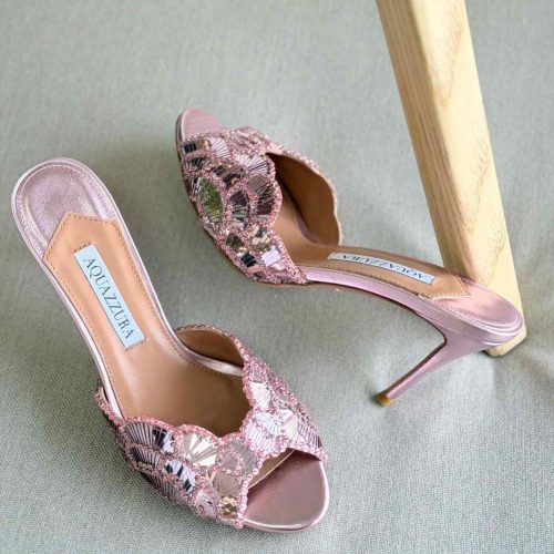 Aquazzura Ce Soir 75MM Metallic Leather Mule In Pink