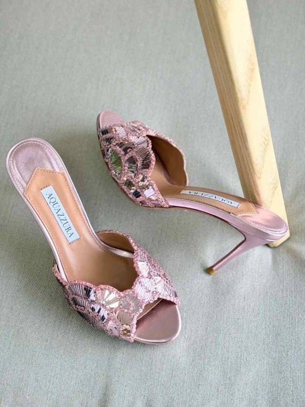 Aquazzura Ce Soir 75MM Metallic Leather Mule In Pink