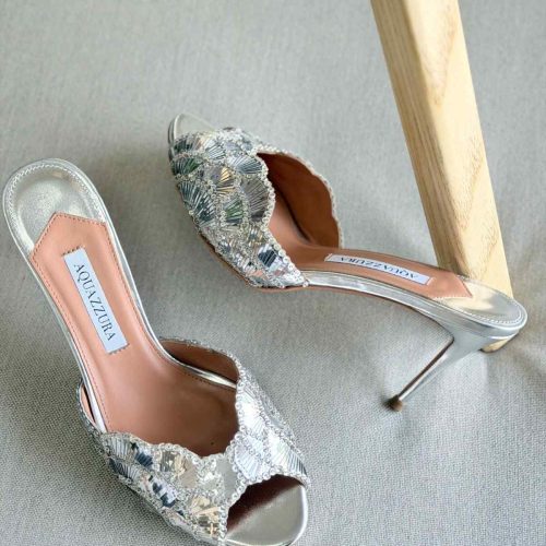 Aquazzura Ce Soir 75MM Metallic Leather Mule In Silver