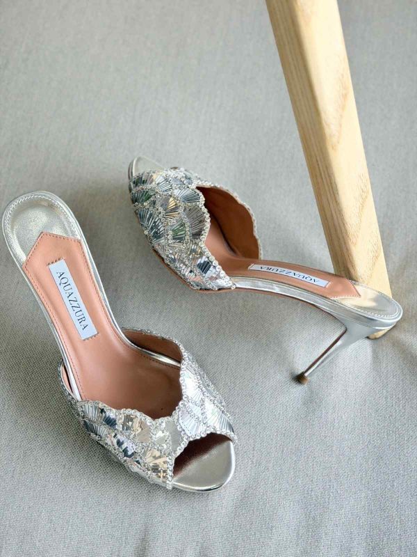 Aquazzura Ce Soir 75MM Metallic Leather Mule In Silver