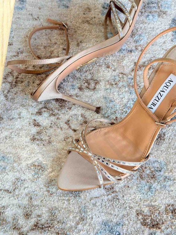 Aquazzura Tell Me 85MM Crystal Embellished Satin Sandals In Beige