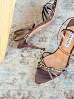 Aquazzura Tell Me 85MM Crystal Embellished Satin Sandals In Brown