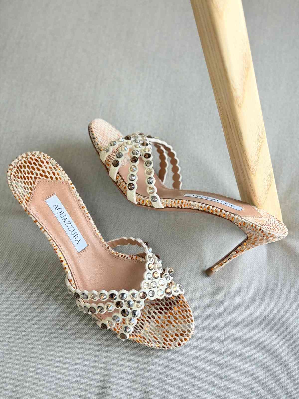 Aquazzura Tequila 75MM Crystal Embellished Dragon Leather in IvoryBeige Aquazzura Tequila 75MM Crystal Embellished Dragon Leather in IvoryBeige