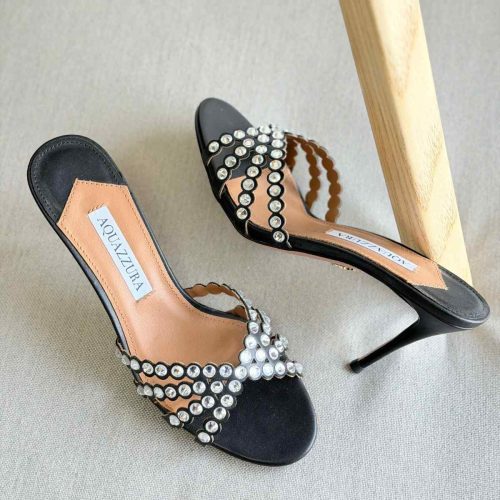 Aquazzura Tequila 75MM Crystal Embellished Leather Mules In Black Colour