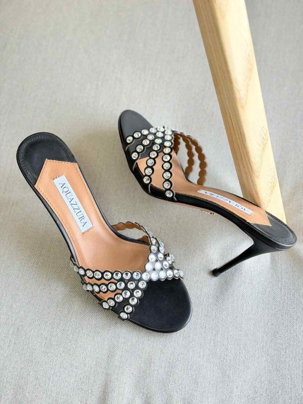 Aquazzura Tequila 75MM Crystal Embellished Leather Mules In Black Colour