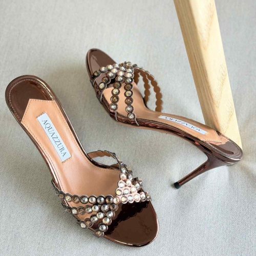 Aquazzura Tequila 75MM Crystal Embellished Leather Mules In Brown Colour