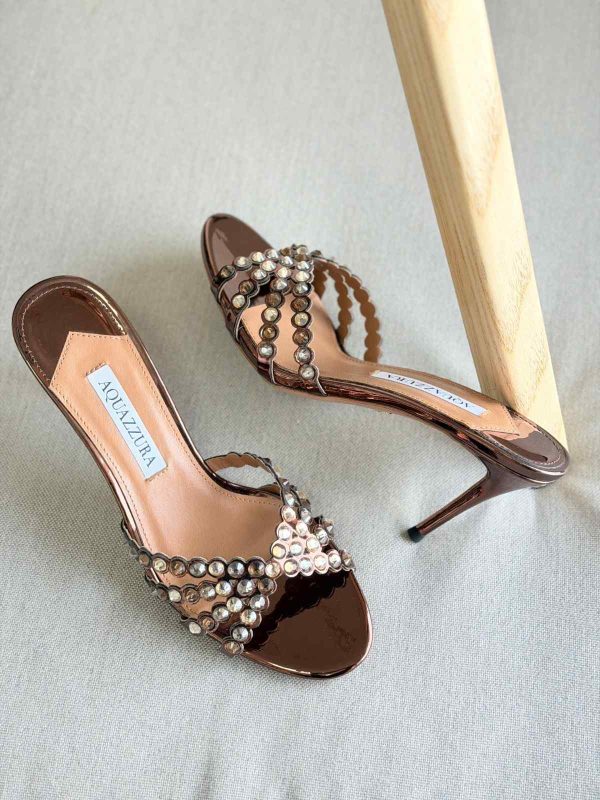 Aquazzura Tequila 75MM Crystal Embellished Leather Mules In Brown Colour