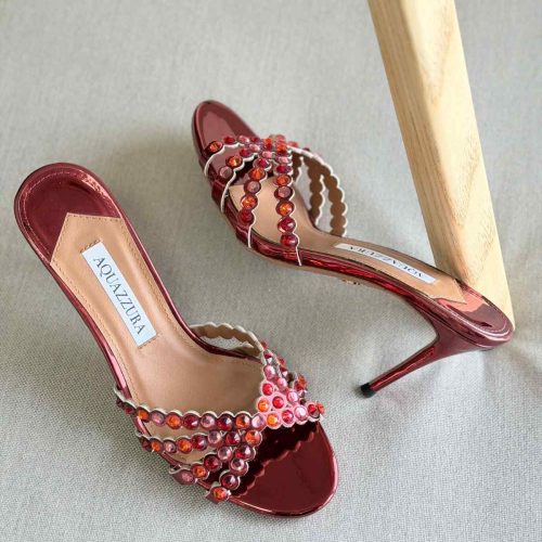 Aquazzura Tequila 75MM Crystal Embellished Leather Mules In Burgundy Colour