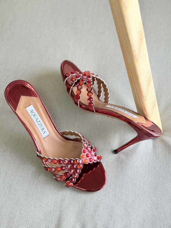 Aquazzura Tequila 75MM Crystal Embellished Leather Mules In Burgundy Colour