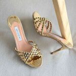 Aquazzura Tequila 75MM Crystal Embellished Leather Mules In Gold Colour