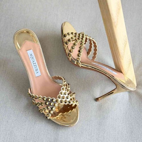 Aquazzura Tequila 75MM Crystal Embellished Leather Mules In Gold Colour