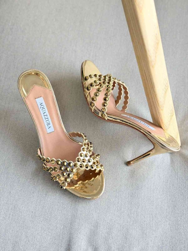 Aquazzura Tequila 75MM Crystal Embellished Leather Mules In Gold Colour