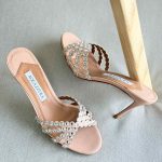 Aquazzura Tequila 75MM Crystal Embellished Leather Mules In Pink Colour