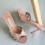 Aquazzura Tequila 75MM Crystal Embellished Leather Mules In Powder Pink