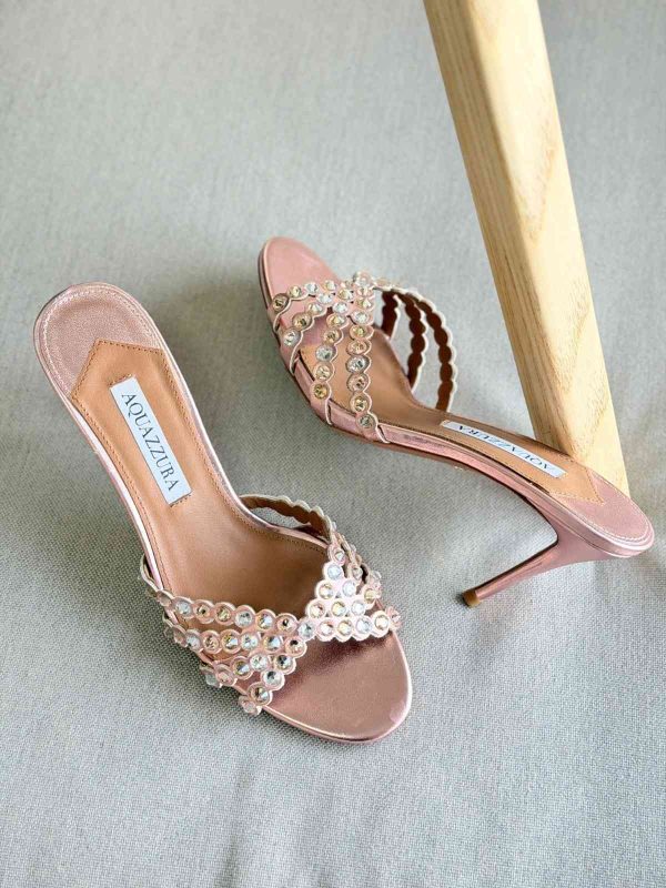 Aquazzura Tequila 75MM Crystal Embellished Leather Mules In Powder Pink