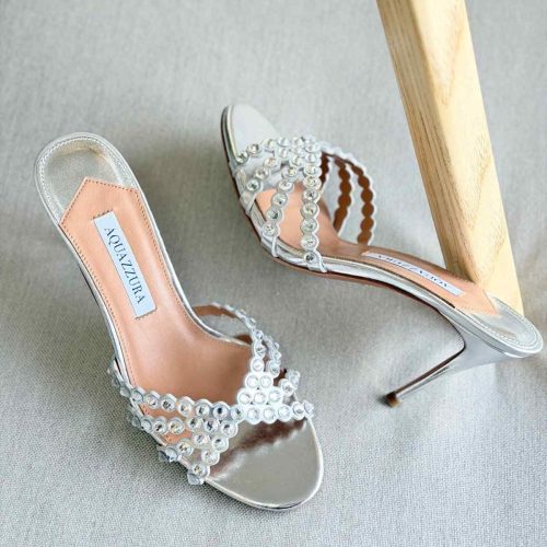 Aquazzura Tequila 75MM Crystal Embellished Leather Mules In Silver Metallic