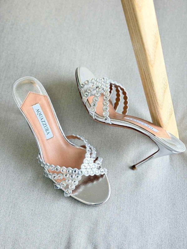 Aquazzura Tequila 75MM Crystal Embellished Leather Mules In Silver Metallic