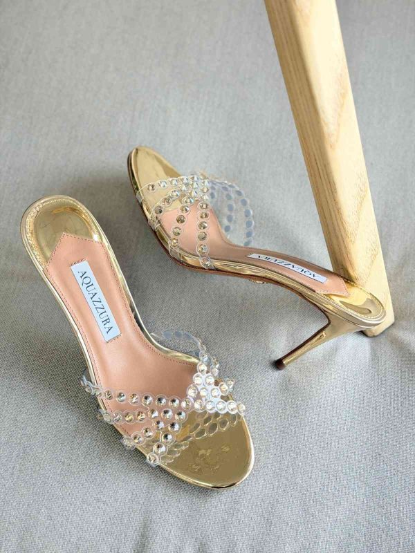 Aquazzura Tequila 75MM Crystal Embellished Metallic Leather Mules In Gold Colour