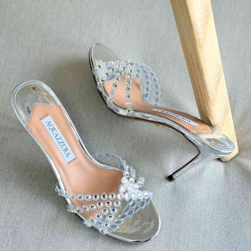 Aquazzura Tequila 75MM Crystal Embellished Plexi Leather Mules In Silver