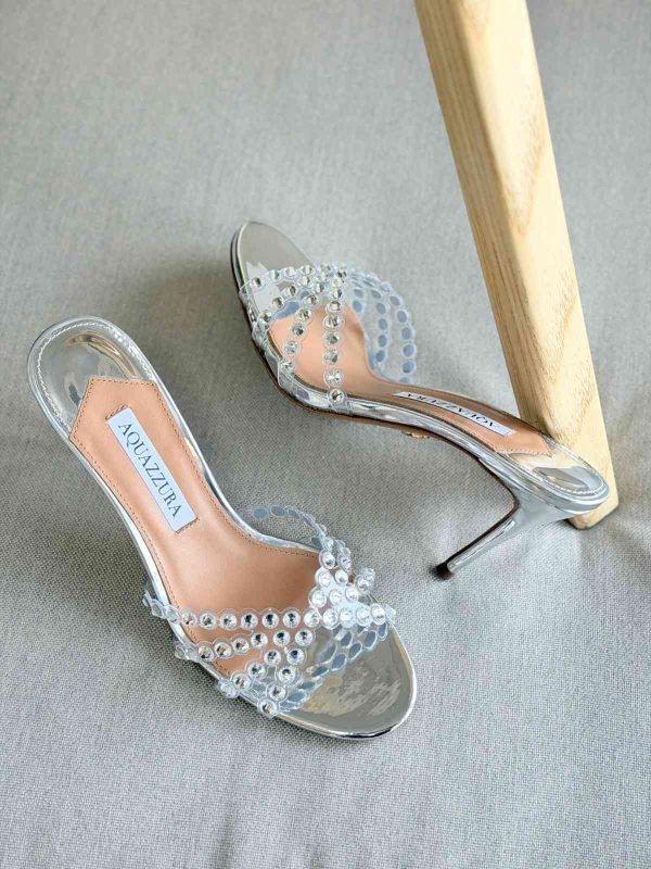 Aquazzura Tequila 75MM Crystal Embellished Plexi Leather Mules In Silver