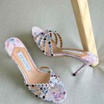 Aquazzura Tequila 75MM Crystal Embellished Snake Printed Leather in Purple