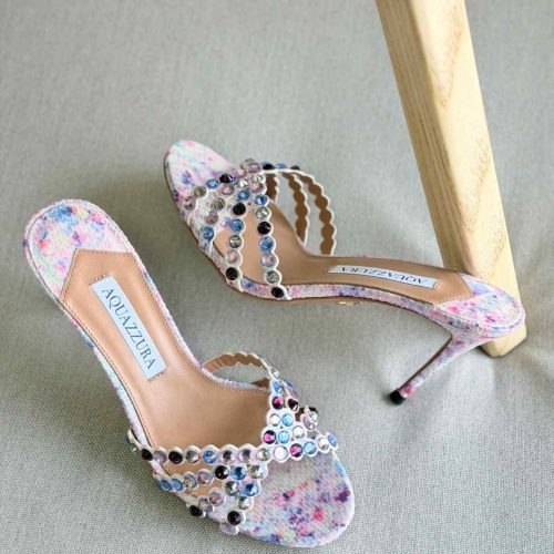 Aquazzura Tequila 75MM Crystal Embellished Snake Printed Leather in Purple