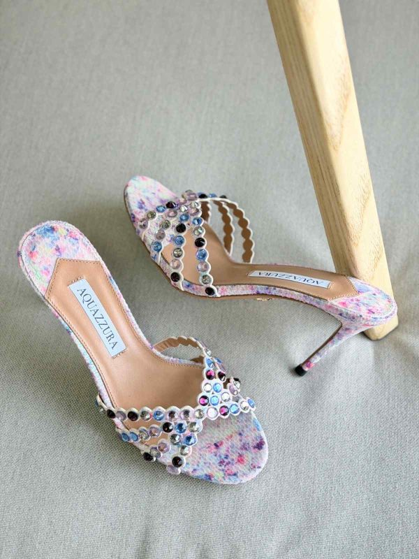 Aquazzura Tequila 75MM Crystal Embellished Snake Printed Leather in Purple
