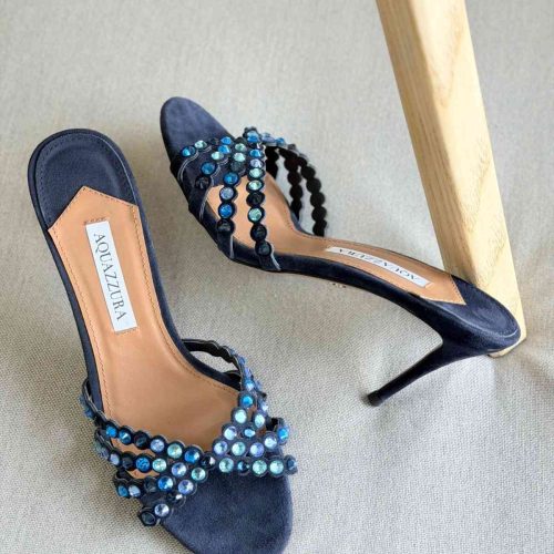Aquazzura Tequila 75MM Crystal Embellished Suede leather Dark Blue Colour