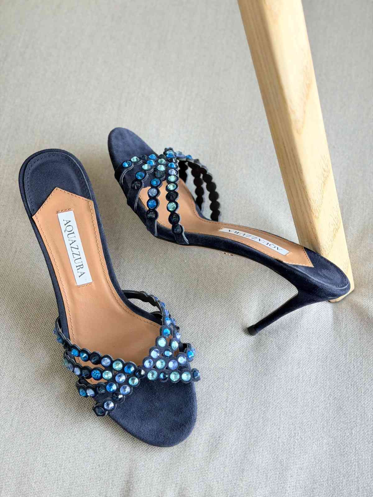 Aquazzura Tequila 75MM Crystal Embellished Suede leather Dark Blue Colour Aquazzura Tequila 75MM Crystal Embellished Suede leather Dark Blue Colour