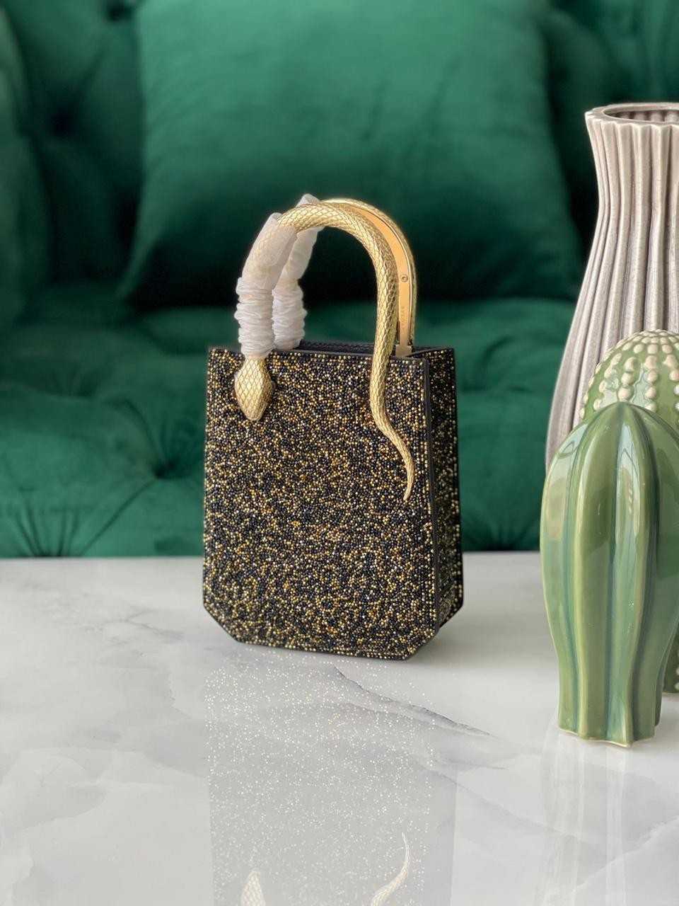 BvlgariMiniBlackCrystalEmbellishedLeatherSerpentineToteBag Bvlgari Mini Black Crystal Embellished Leather Serpentine Tote Bag - Image 1
