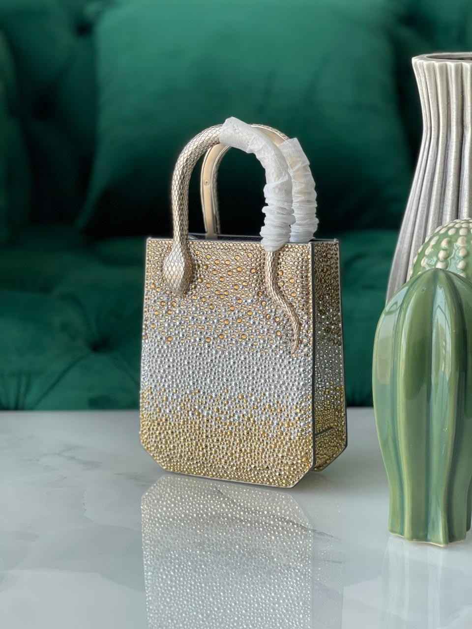 BvlgariMiniGoldandSilverGradientCrystalLeatherSerpentineToteBag Bvlgari Mini Gold and Silver Gradient Crystal Leather Serpentine Tote Bag - Image 1