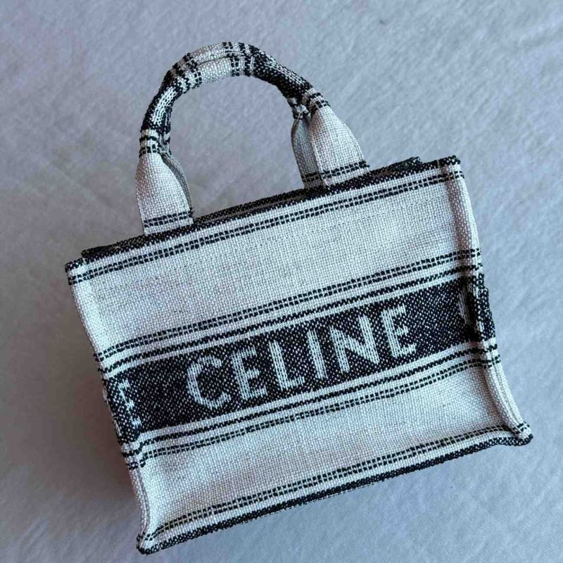 Celine Cabas Thais Striped Textile Jacquard White Black
